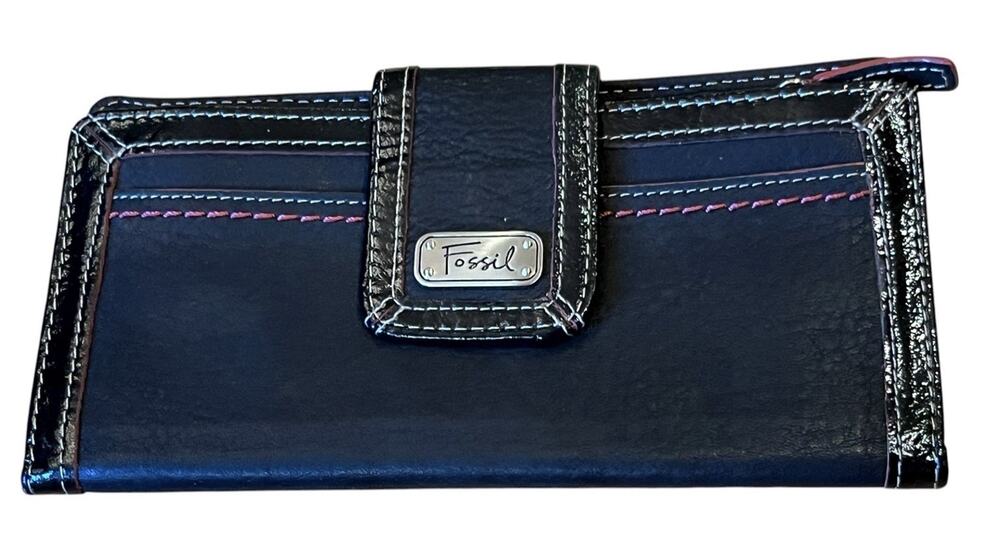 Fossil Wallet Black & Red Leather Bifold Snap Flap Checkbook Slot Credit Cards